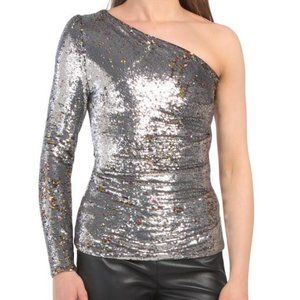 Maje One Shoulder Sequin Argent Top NWT